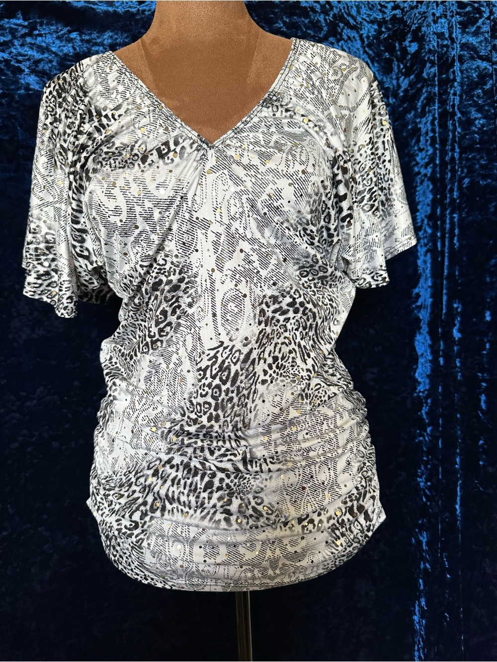 Body Central (BodyC) Black & White Leopard Print Top with Silver Shimmering Dots